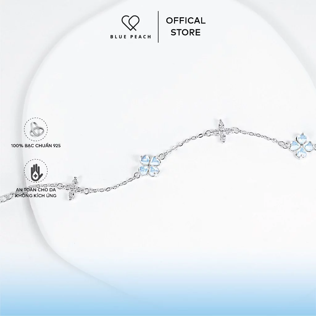 Lắc Tay Bạc 925 Blue Peach LT Cỏ 4 Lá Hoa 4 Cánh Đá Moonstone LT775 LT923
